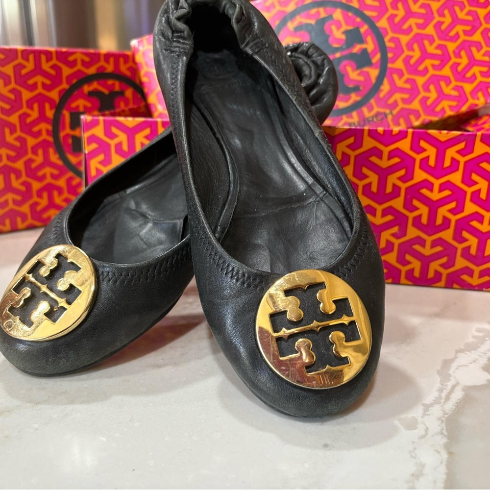 Tory Burch Black Flats with Gold Emblem
